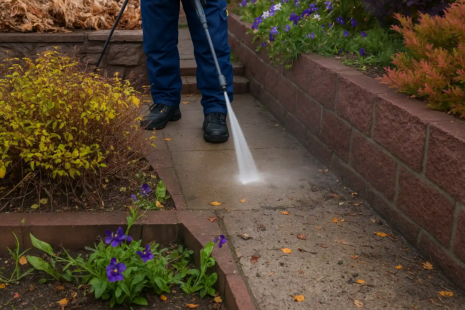man washes garden path with high pressure washer autumn work garden 332246 704 1